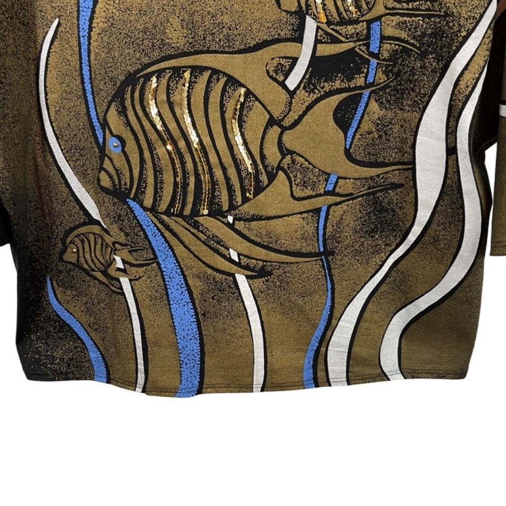 Vintage 80’s Sequin Embellished Batwing Top 2X Fish Gold Black - Picture 5 of 9